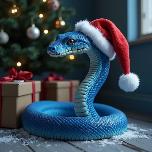 Prompt: blue snake in santa hat sits under christmas tree, hyper-realistic digital art, christmas, hyper-realistic photography, extremely unique beauty, vintage wooden clock and lots of presents, by melissa benson, blue shadows, a correctly drawn snake body from head to tail, winter blue drapery, intense contrast, python, beautiful color 