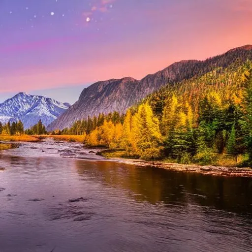 Prompt: generate a realistic landscape picture with a river, mountains, animals and a sunset