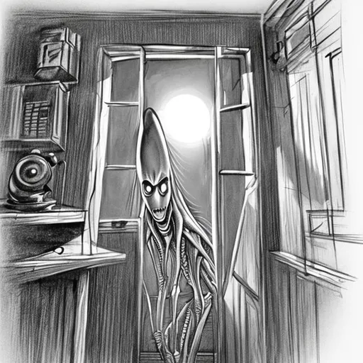 Prompt: Very tall, alien peeking in bedroom window, black and white sketch