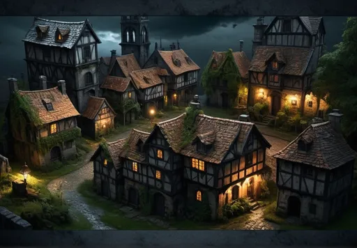 Prompt: Weathered Warhammer fantasy RPG style village, in night, after rain,detailed buildings, gloomy mood, eerie atmosphere, overgrown with ivy, ominous atmosphere, high quality, dark fantasy, weathered textures, gothic architecture, moody lighting, detailed cobblestone streets, high res, realistic, cloudy sky, atmospheric lighting