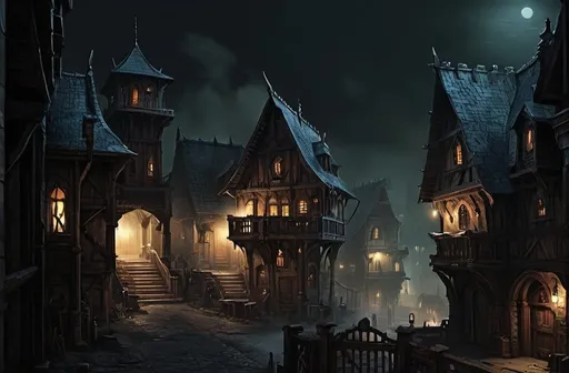 Prompt: Warhammer fantasy rpg style buildings eerie atmosphere night