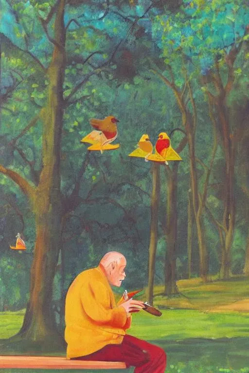 Prompt: A man sitting on a bench in the park smoking a cigar while at peace enjoying a beautiful day with three Suns in the sky and birds chirping enlightened painting 