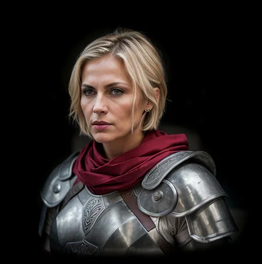 Prompt: a middle aged atractive blonde woman, short hair, brown lips, grayish eyes, skars on the face, crimson red scarf, steel plated armor, dramatic lighting, high resolution, 4k, bright colors, portrait, cruel expression, sad eyes, warrior, fierce, powerful