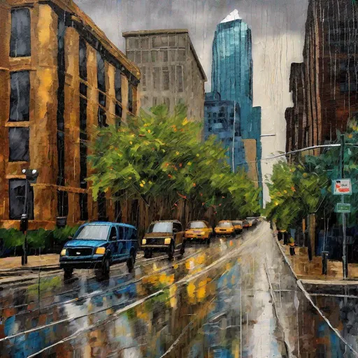 Prompt: A rainy day in The city of new your painting looking at Kansas City's 10th street with tall sky scrapers on the side with trees growing out of the skyscrapers painting textured Van Gogh brush strokes