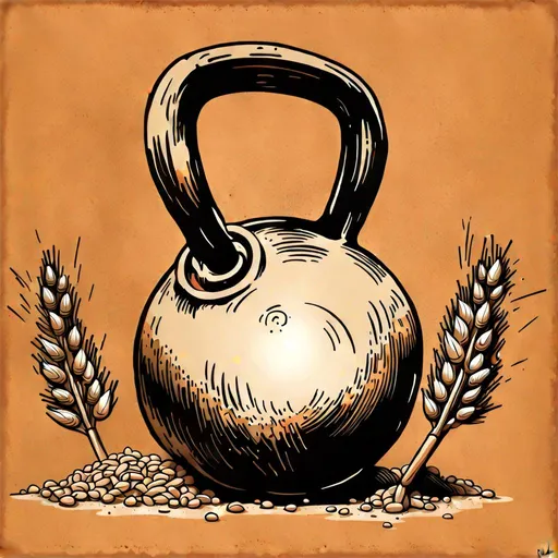 Prompt: draw the wheat around the kettlebell like a large roman wreath