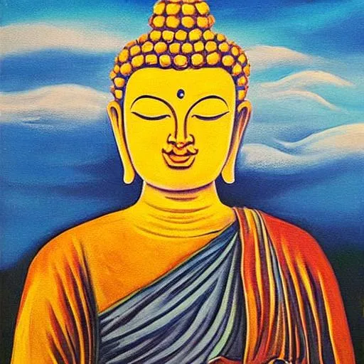 Prompt: Painting of Buddha standing under the sky