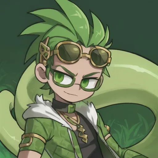 Prompt: Monster high, Deuce Gorgon, Gorgon, fair skin, green eyes, green snake mohawk, sunglasses, boy, male