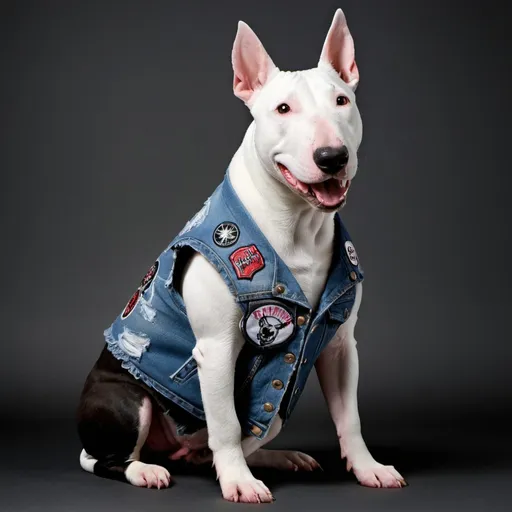 Prompt: Bull Terrier wearing a heavy metal music denim vest with patches