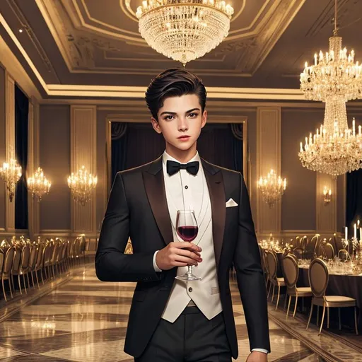 Prompt: a handsome young boy wearing a suit with one hand holding a glass of wine in a glamorous ballroom with chandeliers and lights and people around