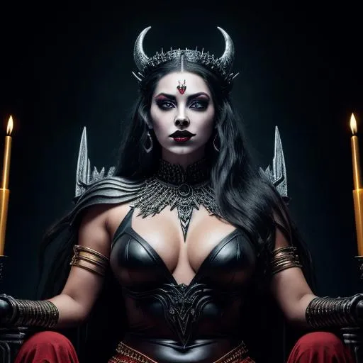 A demon queen is sitting on a throne made of stone Her legs are crossed and shes looking down at y