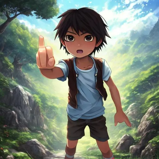 Prompt: High quality, 4k image of an short young, 10 year old asian japanese boy, brown hair, wearing blue vest shirt, black shorts, pointing at viewer, glowing blue eyes, blue magic aura on pointing finger, brave face expression and epic fantasy background, anime style, manga style