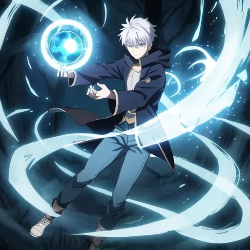 Prompt: Picture shows a 17 year old male full body image with shock white  hair. He is a wizard and has wind powers. He is summoning an orb of wind in his hands and facing the viewer expressionlessly. He is wearing a dark blue jacket with jeans. The background is of a dark fantasy forest. 