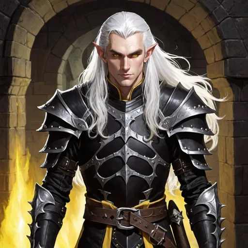 Prompt: dungeons and dragons, elf, male, pale, long hair, white hair, stubble, yellow eyes, black studded leather armor