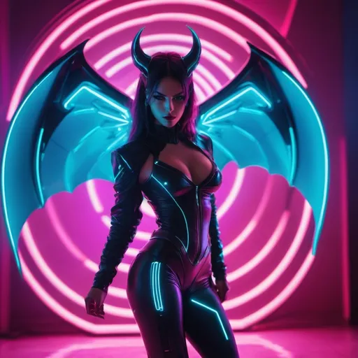 Prompt: a beautiful female demon in a dynamic pose in a retro futuristic synthwave cyberpunk neon paradise.  neon lighting, high quality, beautiful, synthwave, cyber, retro, futuristic