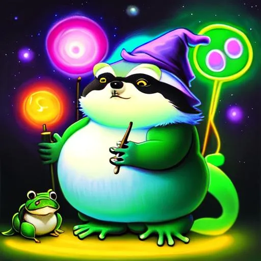 Prompt: fantasy oil painting ((((fat Wizard raccoon holding a frog)))) ((fluffy)) ((neon)) ((cosmos)) ((magical)) 