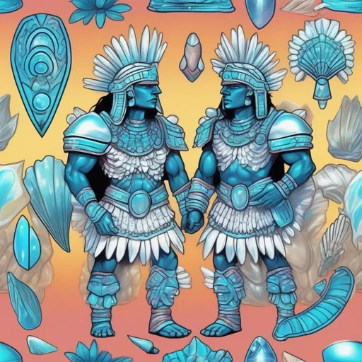 Prompt: Aztec Warrior, gem-like and shell-like iridescent armor, colors are pearl white and glowing sky-blue, Beryl Conch, glowing iridescent, masterpiece, best quality, in cartoon style
