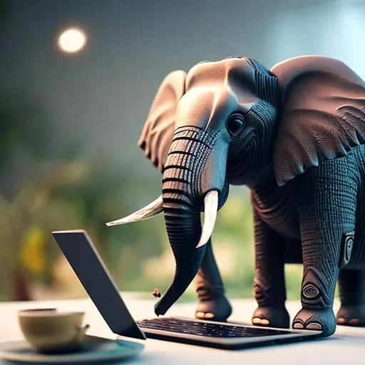 Prompt: Hyper realistic image of elephant using laptop while drinking tea