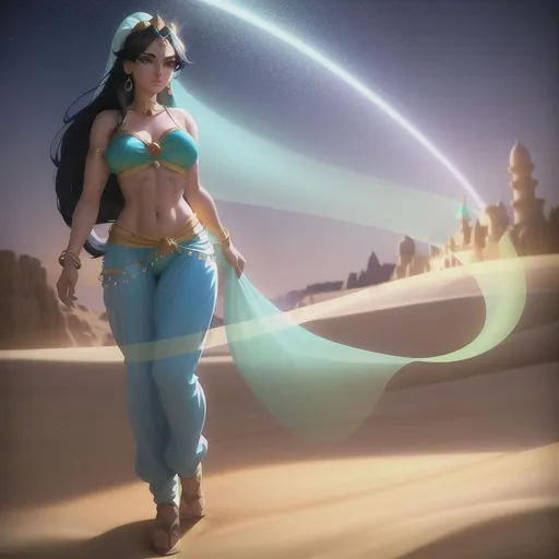 Prompt: A digital artwork, Princess Jasmine, feminine physique, attractive features, slim body, desert, thick black hair, sky blue bedlah top with sky blue oversized wide salwar pants, playing with sand, Very Modest
, Fragonard, highly-detailed, cinematic, washed out palette,soft pastel color palette, light trails, sunny day, High contrast, translucent, iridescent, long hair, arms visible, filmic, perfect composition, colorfull,high resolution, extra Saturation, hyperrealistic, super detailed, 8k, high quality, sharp focus, intricate details, highly detailed, dynamic lighting, detailed and intricate environment, highest quality