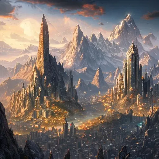 Prompt: A fantasy realistic city of high mountains and a bright city from the fantasy relm