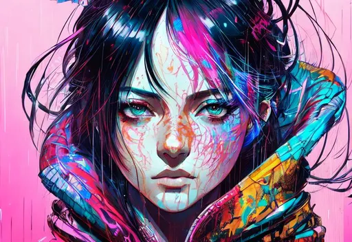 Prompt: A girl wearing fancy street wear, neo tokyo, centered| intricate| highly detailed| breathtaking beauty| precise lineart| vibrant| comprehensive cinematic| Carne Griffiths| Conrad Roset, 8k, oil painting, cinematic lighting, rainy, best quality, highres, midnight