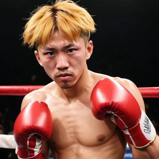 Prompt: Imagine a Japanese boxer resembling Naoya Inoue with golden hair. He's wearing unrealistically big red boxing gloves in a boxing ring.