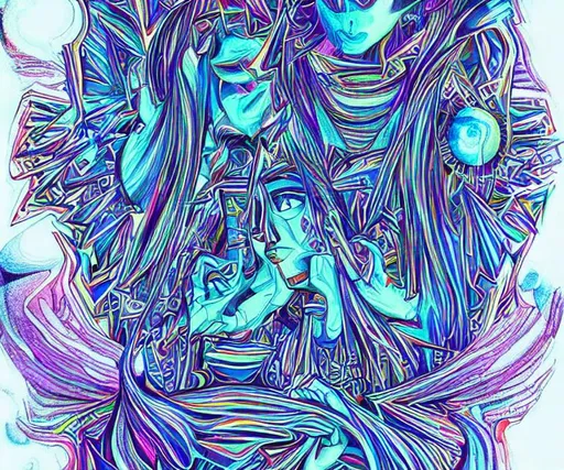 Prompt: dmt, geometric, trippy, hallucinogen, hallucination, beautiful, geometry, interdimensional, blue woman