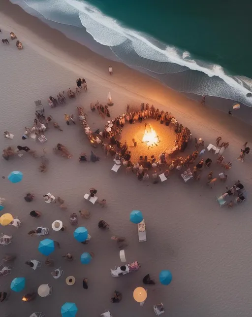 Prompt: A lively aerial shot of a beach party at dusk with bonfires and lanterns scattered across the sand. Groups of friends dance together while waves crash gently along the shoreline behind them. The scene is illuminated by the warm light of the setting sun blending with the cooler light of the rising moon. Shot with a DJI Mavic 3 drone using a wide angle lens to capture the scope. The mood is carefree summertime joy. In the style of José Luis Ruiz.