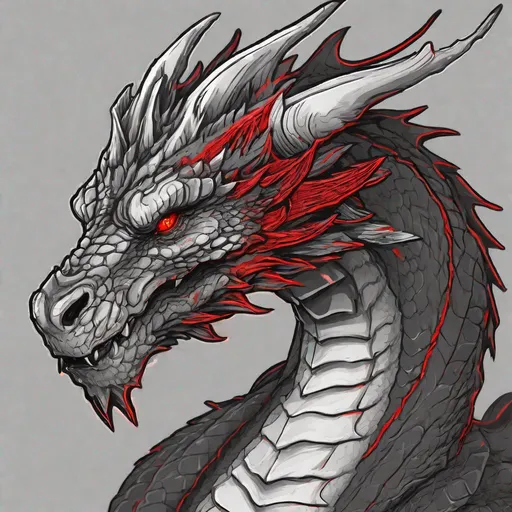Prompt: Concept design of a dragon. Dragon head portrait. Coloring in the dragon is predominantly dark gray with bright red streaks and details present.