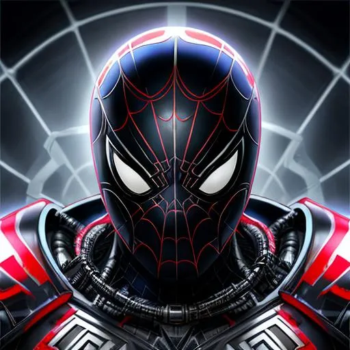 Prompt: face portrait a Symbiote Spawn with Spiderman cybernetic suit (remaining set) photorealistic intricate, 8k, highly detailed, digital painting, symmetrical body, (detailed face), highly detailed, intense, sharp focus, art by (artgerm) and greg rutkowski and alphonse mucha and aleksi briclot, cgsociety