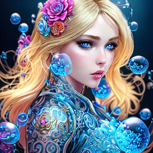 Prompt: blonde Lady, blue eyes, open bubbles, metal, huge full lips, color, flowers, ornate, intricate, flowing, neon, led, fractals, hyper-detailed, 64K, UHD, HDR, unreal engine, vivid colors, beautiful, ocean background