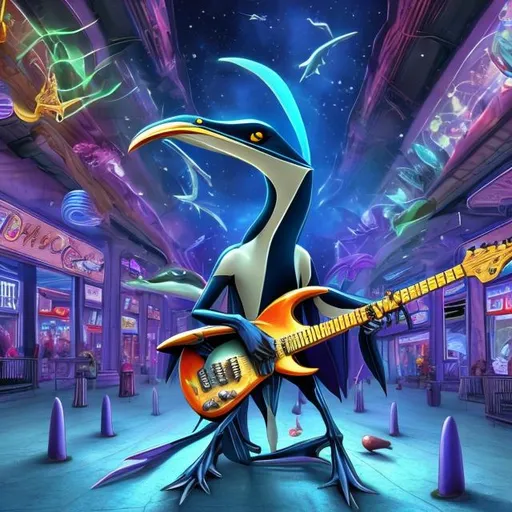 Prompt: Pterosaur playing a double-necked Guitar for spare change in a busy alien mall, widescreen, infinity vanishing point, galaxy background, surprise easter egg