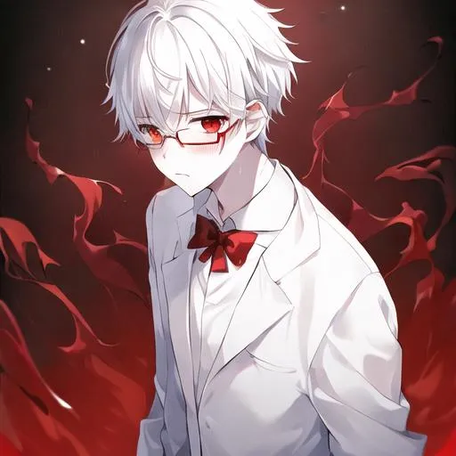 Prompt: 1boy, male, adult, calm demeanor, short_hair, hyperrealisitic, blood on face, pale_skin, white_hair, sick, blushing, tired, eye_bags, eye_glasses, black aura, blood, messy_hair, alternate costume, white jacket, red eyes, angry, 4K, HDR, high-resolution, detailed face, detailed background, tokyo, night_sky, city, 