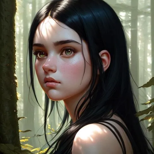 Prompt: Portrait of girl with black hair and with cute face, {morning sunlight forest background}, perfect composition, hyperrealistic, super detailed, 8k, high quality, trending art, trending on artstation, sharp focus, studio photo, intricate details, highly detailed, by greg rutkowski