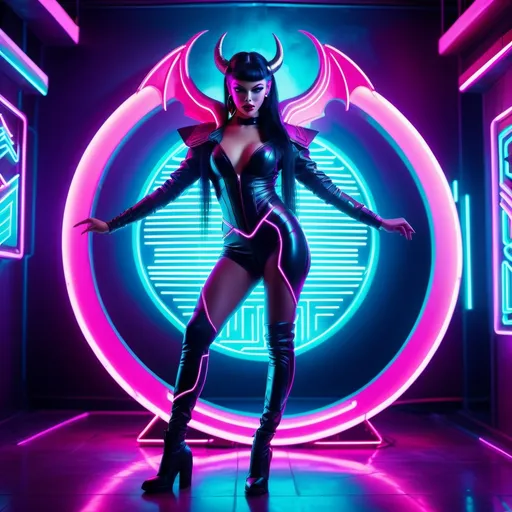 Prompt: a beautiful female demon in a dynamic pose in a retro futuristic synthwave cyberpunk neon paradise.  neon lighting, synthwave, cyber, retro, futuristic