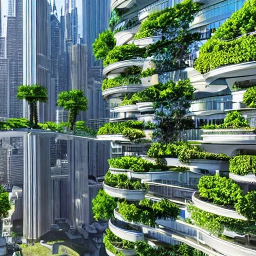 Prompt: a beautiful realistic futuristic city with a lot of greenery, 7 + story apartment buildings with offices and parks on a sunny day 