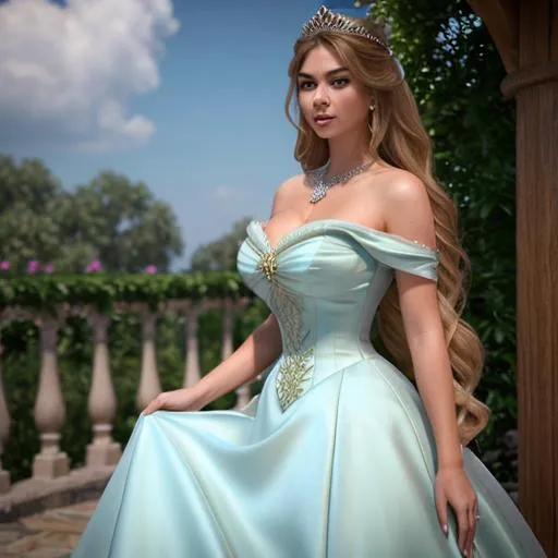 Prompt: a realistic feminine elegant princess Rapunzel, HD, mix of Kate Upton and Emily Ratajkowski, Diamond face, dress