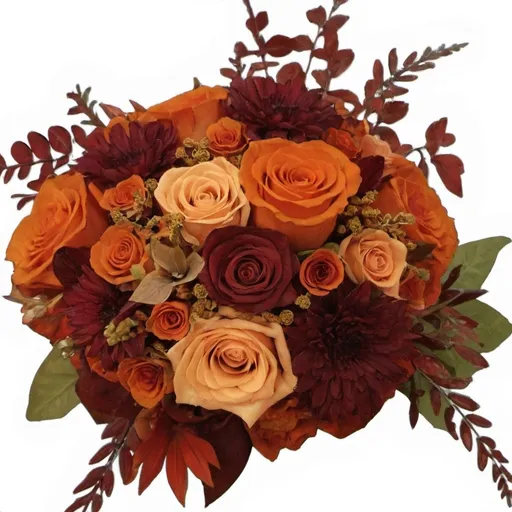 Prompt: bridal bouquet with burnt orange, dark red, orange, and gold. Fall colors 