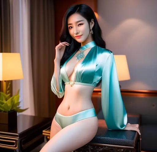 Prompt: a beautiful young korean woman aged mid-30's with long stylish hair with large chest assets sitting posing on a chair, wearing a satin blue body harness, and a satin silver, bikini, excellent detail,  3 - piece, very elegant features, holster, a digital 3d rendering realistic beautiful stunning female goddess with an emaculate body set in a rose, morning glow, a highly detailed picture, caramel, top