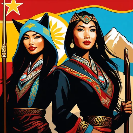 Prompt: Kazakh wolfgirls, Kazakh flag, cartoony style, extremely detailed painting by Greg Rutkowski and by Henry Justice Ford and by Steve Henderson 