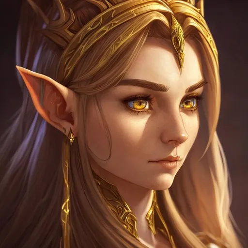 Prompt: "A highly realistic and extremely detailed face portrait of an Elf female character from World of Warcraft. The character should be modeled after an Medieval young princess with beautiful long, curly, and wavy gold hair, thin arched eyebrows, and striking orange eyes. She should be wearing a black clothes and an intricate crystal circlet on her forehead. The artwork should be created in either 4K or 16K resolution and should be of photo realistic quality."