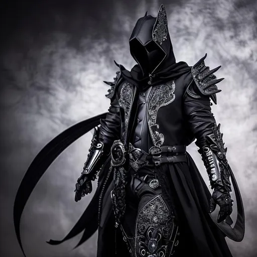 Prompt: "Shadow Rider" takes the form of a dark and mysterious rider, similar to the Black Charro of legend. The Stand appears as a hooded figure dressed in a black, tight-fitting leather suit adorned with silver accents. His face is hidden under a silver mask with intricate engravings and highlights bright, piercing deep red eyes. Instead of a horse, "Shadow Rider" rides a shadowy, equine-looking creature with a dark coat and red eyes.