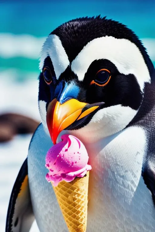 Prompt: wonderful cute penguin eating ice cream, portrait, sharp focus, colourful nature background, vivid colours, highly detailed, 4 k