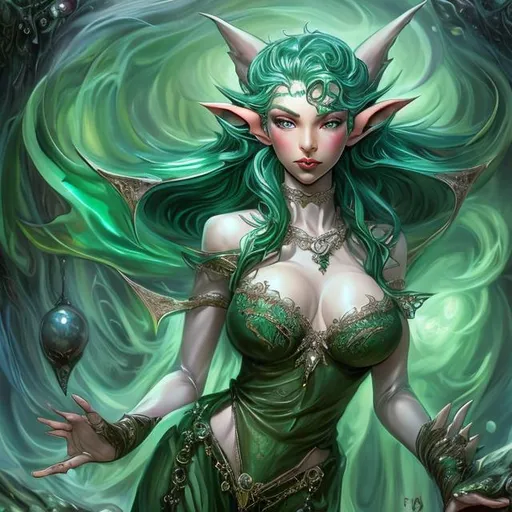 Prompt: Full body shot of Elf with turbulent green hair, green eyes that are drop shaped and slanted, exagerated wide hips, exagerated  well endowed, wears a translucent negligee, pearl necklace, hands placed on both sides of a doorframe, by Andrew Adroschenko, Josephine Wall,  Android Jones , Daniel F Gerhartz
