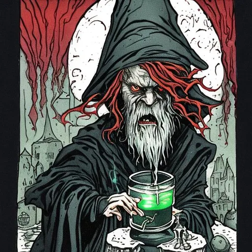 Prompt: An evil wizard with red hair and many potions. He looks creepy and is drinking a potion that makes him high and powerful with its magic. His skin is pale and sickly.