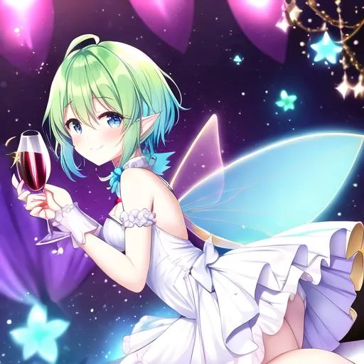 Prompt: 1 Fairy girl staying in a wine glass, bar, cheerful, fairies, fairy wings, dryads, pale, skinny, petite, vibrant colored blue short hair, fantasy