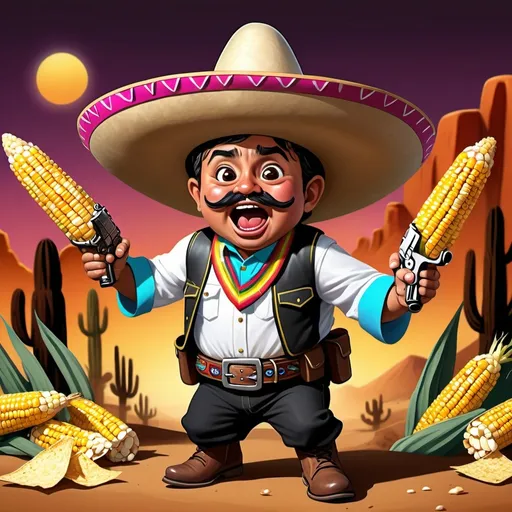 Prompt: Photo realistic, A little person, short very fat laughing Mexican brown man yelling, dressed as a bandito wearing a very very wide brim pointy big colorful sombrero, a gun belt, leaping through the air, firing a gun up in the air, two ammo belts criss crossed over his chest, boots with spurs, next to a pile of corn chips, desert setting, in detailed  Mexican facial features, vibrant colors, photo realistic, Looney Toons style, theatrical lighting, high quality, details, stage setting, professional, animated shading, cartoon realism, exciting, detailed expression, 