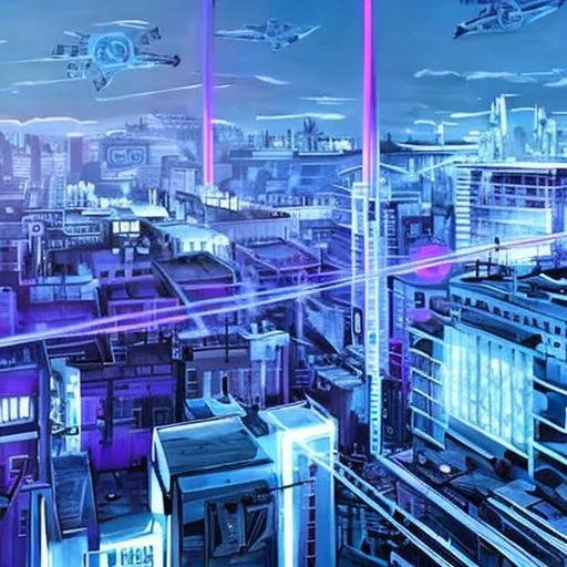 Prompt: ville cyberpunk, beaucoup de câble au sol, beaucoup de fil électrique suspendu, vue aérienne, ambiance sombre, étincelle, néon violet et bleu, photorealiste, star wars style comme Coruscent

