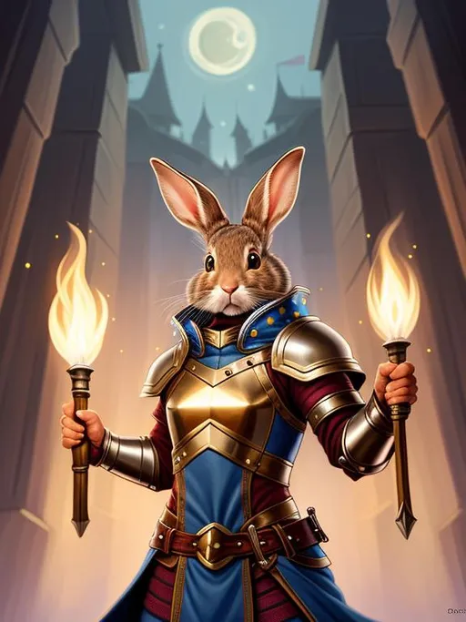 Prompt: Hyperdetailed portrait of a rabbit wizard character wearing star-forged leather armor, cozy fantasy magic atmosphere