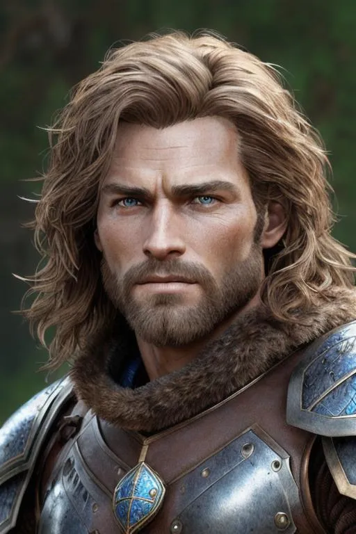 Prompt: Realistic photo of a rugged male warrior, medium musculature, hypermasculine, chestnut hair, short beard, very detailed eyes, 8k, royal blue armor, sharp focus, studio photo, intricate details, highly detailed, by greg rutkowski