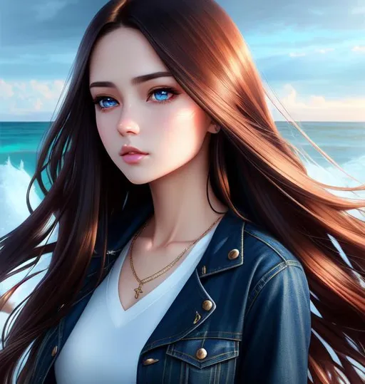 Prompt: hyper realistic, hyperealistic portrait of  teen woman with flowing long brown hair and dark blue eyes | wearing a modern clothes | ultra-fine details, hyper-focused, deep colors, dramatic lighting, ambient lighting god rays, beach, ocean | by sakimi chan, artgerm, wlop, pixiv, tumblr, instagram, deviantart